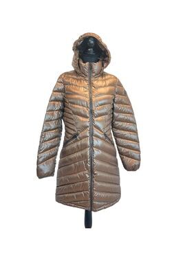 Andrew Marc packable down filled metallic bronze brown hooded long puffer coat L